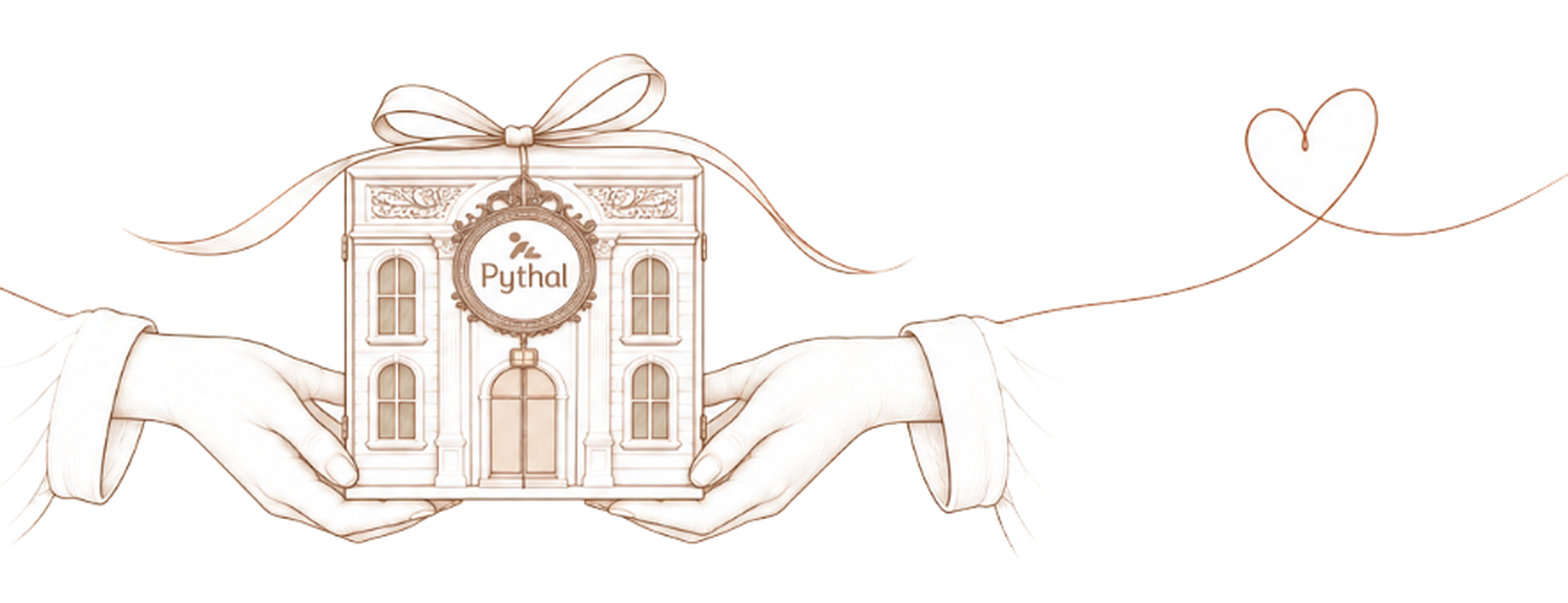 Two hands offering the Pythal house gift box, tied with a ribbon that curls into a heart